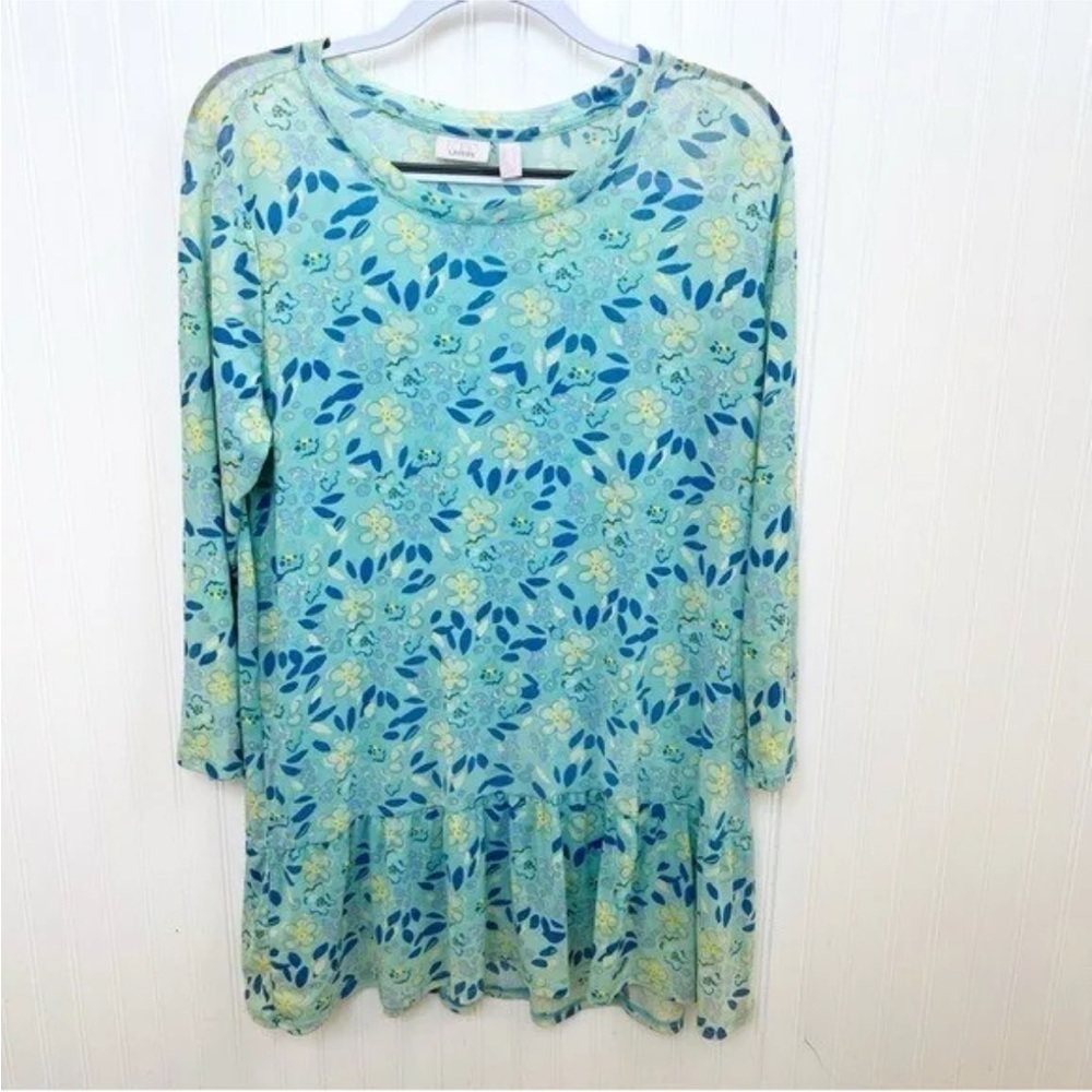 4/$25 LOGO Layers Lori Goldstein Turquoise Blue Floral Mesh Tunic Women’s Sz XS